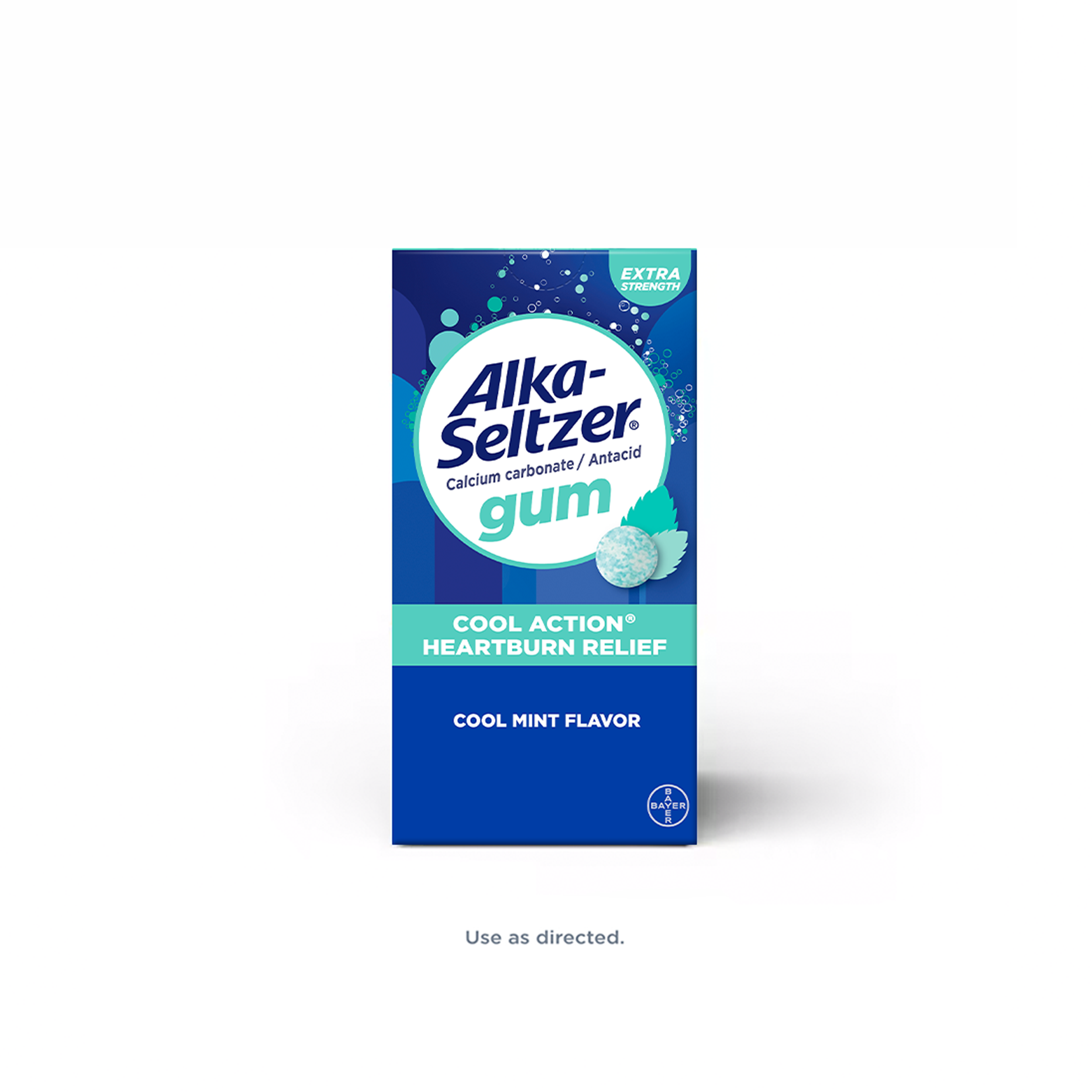 Pack of Extra Strength Alka Seltzer® Cool Action® Heartburn Relief Calcium carbonate / Antacid gum in cool mint flavor. And the text “Use as directed” is displayed at the bottom.
